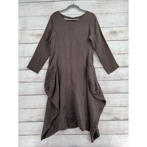 DODO Korea Linen Flare Dress Women's Size 12‎ Brown Pockets - Picture 1 of 12